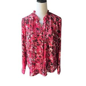 NANETTE LEPORE Pink Floral Blouse Long Sleeve Ruffle Collar Womens Medium